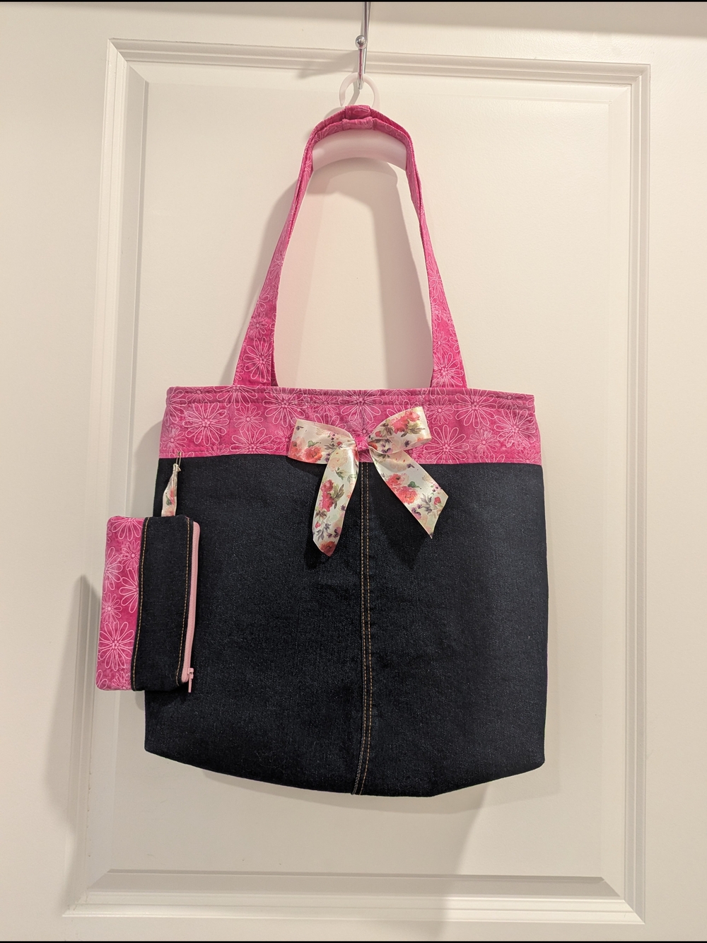 Denim Tote with Pink Trim and Floral Bow